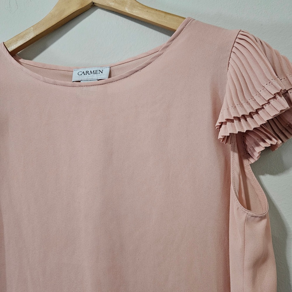 Carmen Marc Valvo Pink Pleated Flutter Sleeve‎ Blouse Top Medium - Picture 2 of 4